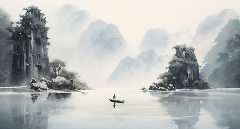 新中式黑白风格水墨山水画山峰群山之中的湖面上的船上站着一个人影,插画/手绘图,插画/手绘图库,插画/手绘图下载,插画/手绘
